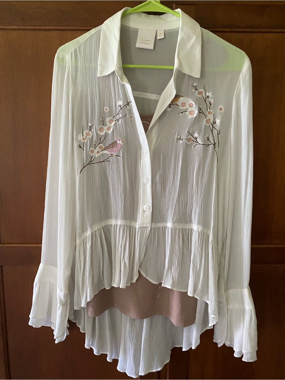 Lauren Conrad Cream Sheer Embroidered Ruffle Blouse with Taupe Tank